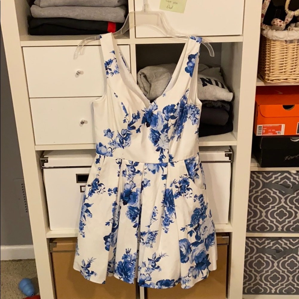 White blue floral formal dress